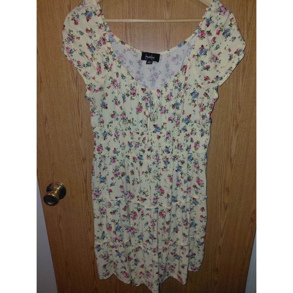 By & By Floral Mini Dress XL Cream Pink Blue Smocked Waist Tiered Ruffle Cottage